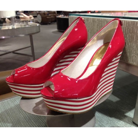 Michael Kors Adalia Red Patent Slim Striped Peep Toe Platform Wedges - Picture 2 of 10